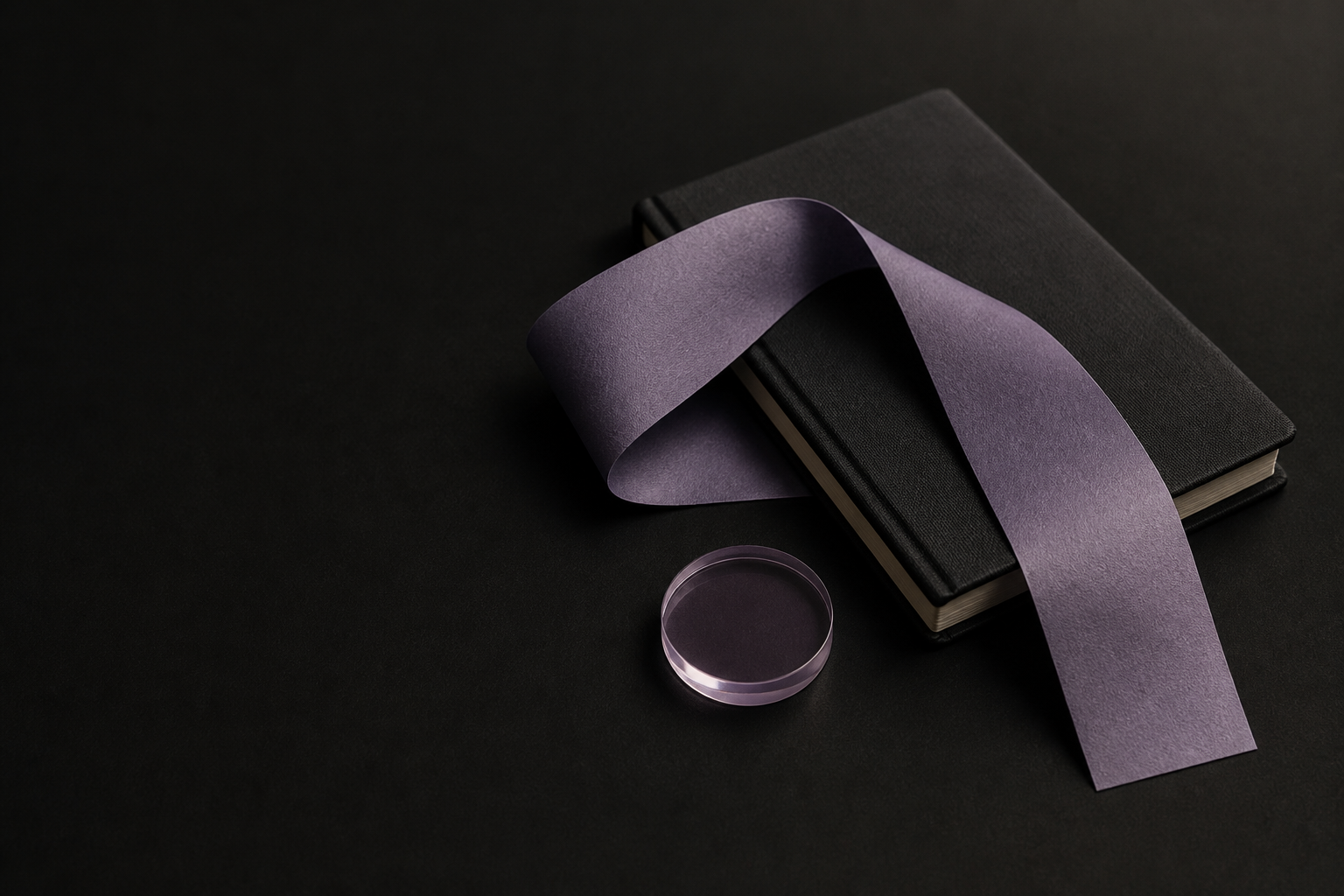 A violet paper ribbon and notebook arranged on a dark studio surface